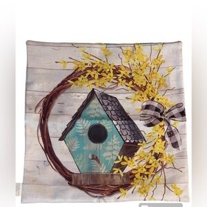 Evergreen Forsythia and Birdhouse Interchangeable Pillow Cover